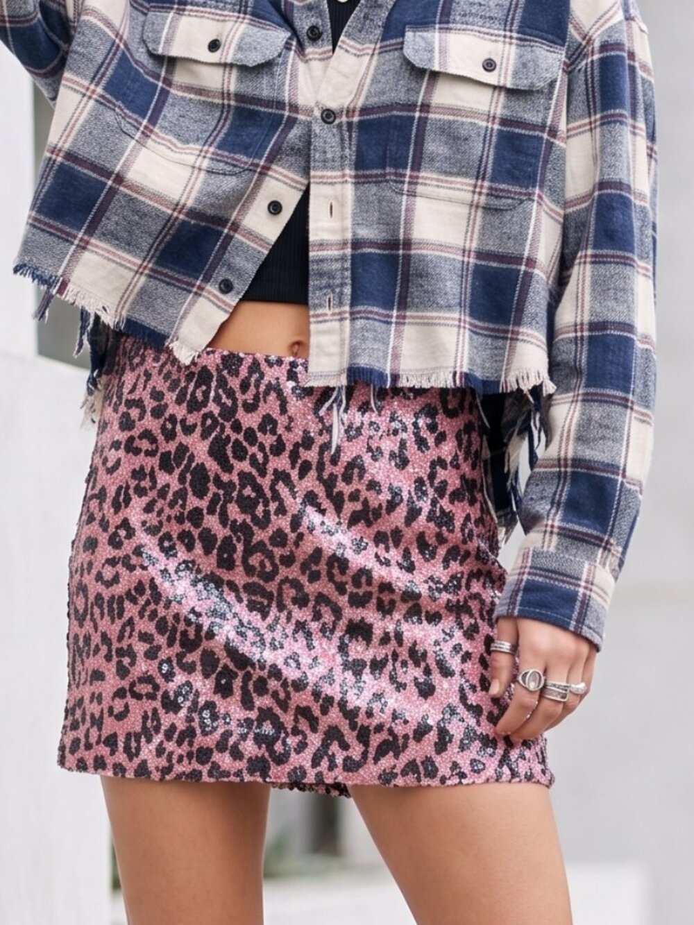 NWT $128 FREE PEOPLE distressed sequin mini skirt pink cheetah 2